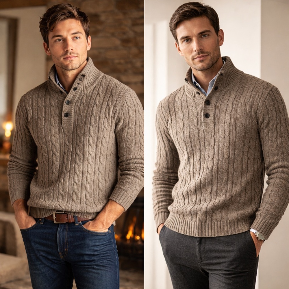 Charles Tyrwhitt Taupe Cable-Knit Button-Collar Sweater